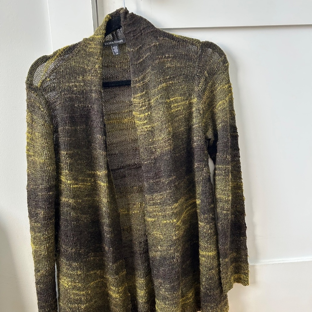 EILEEN FISHER Olive Green Mohair Boucle Open Front Cardigan - Picture 3 of 11